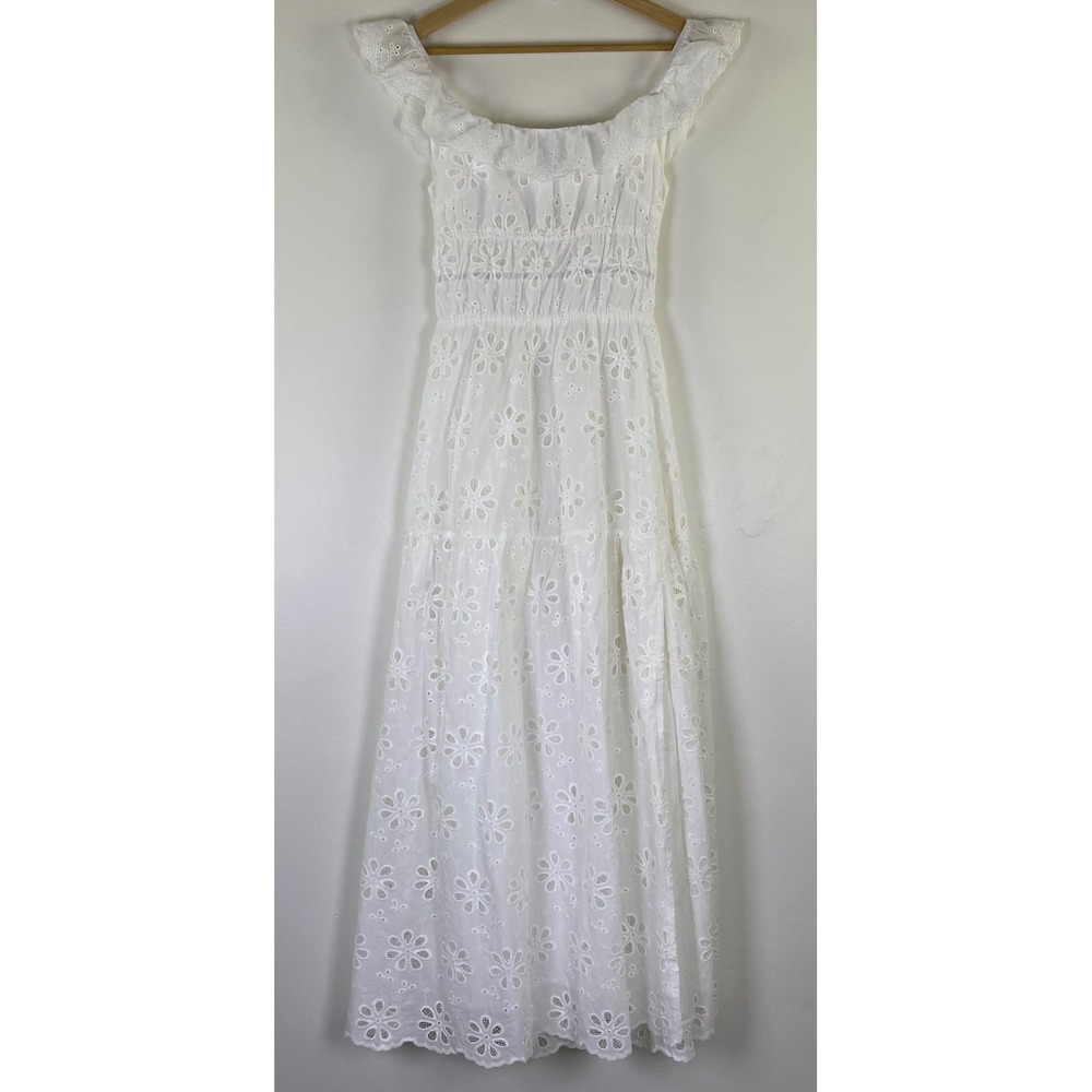 Petal & Pup Elwyn Maxi Dress White Broderie XS Ruffle Open Back Cottagecore Boho